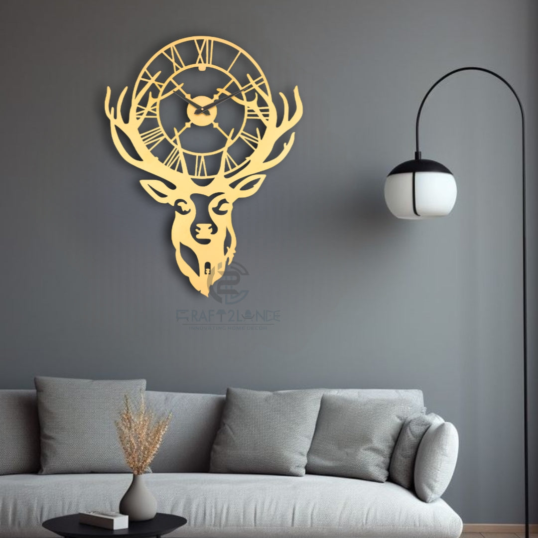 Golden Stag Elegance Wall Clock - Luxury Deer Antler Design