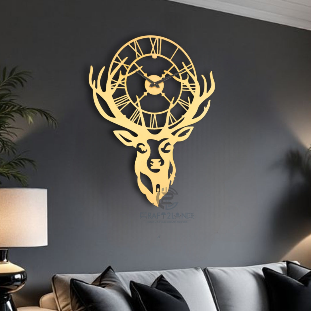 Golden Stag Elegance Wall Clock - Luxury Deer Antler Design