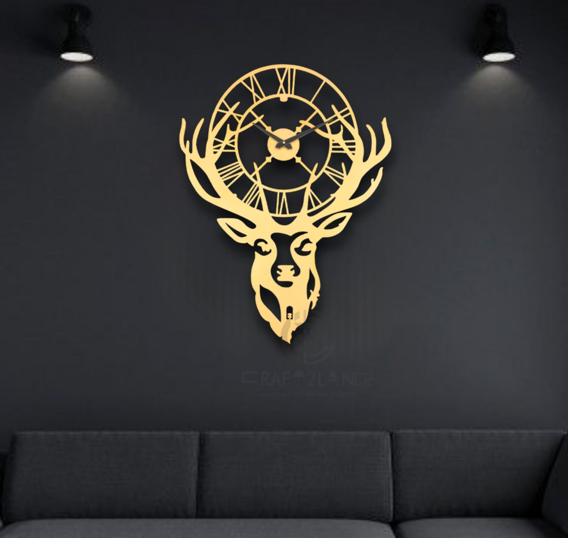 Golden Stag Elegance Wall Clock - Luxury Deer Antler Design
