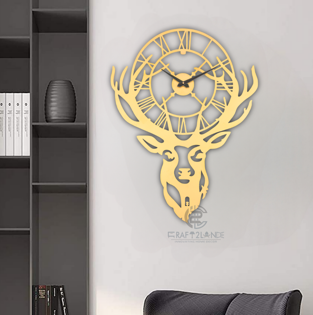Golden Stag Elegance Wall Clock - Luxury Deer Antler Design