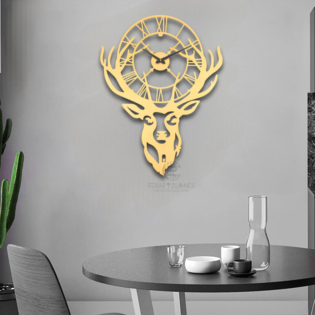 Golden Stag Elegance Wall Clock - Luxury Deer Antler Design