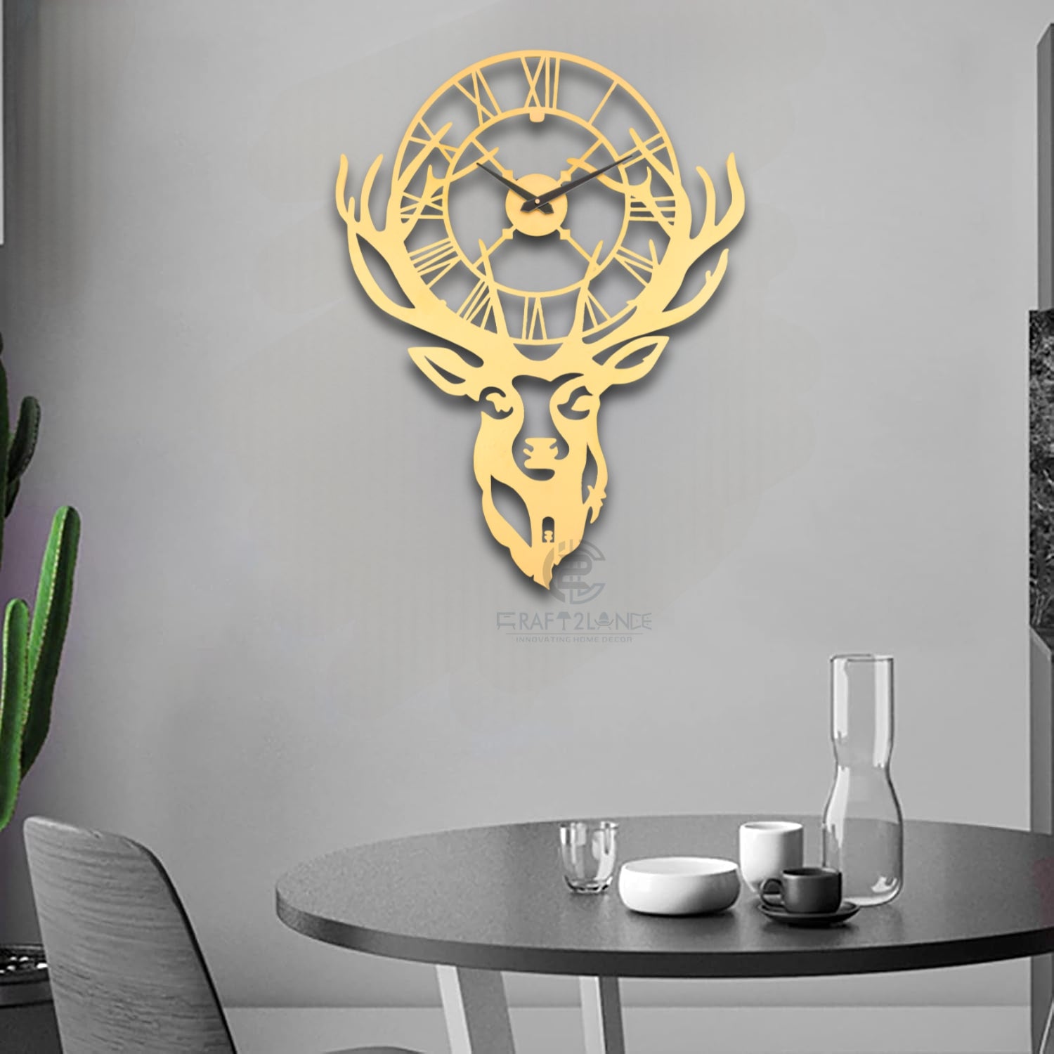 Golden Stag Elegance Wall Clock - Luxury Deer Antler Design