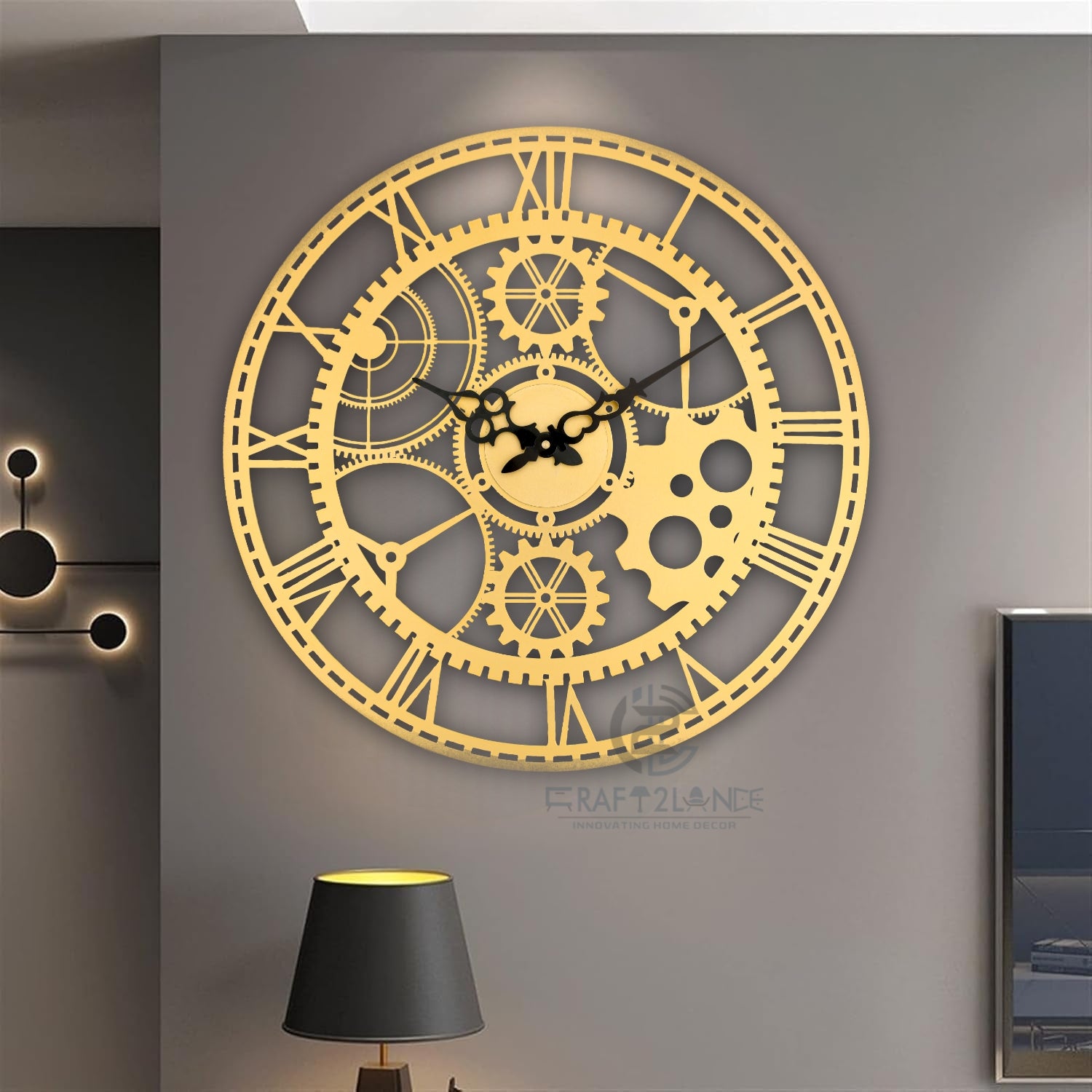 Golden Steampunk Gearwork Wall Clock