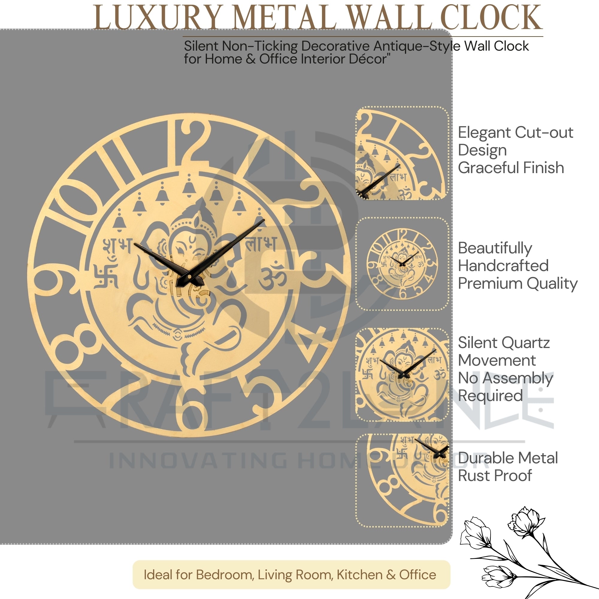 Divine Golden Ganesh Ji Wall Clock