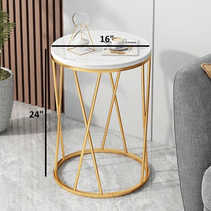 Round Side Table with Geometric Gold Frame - White Marble Finish Top