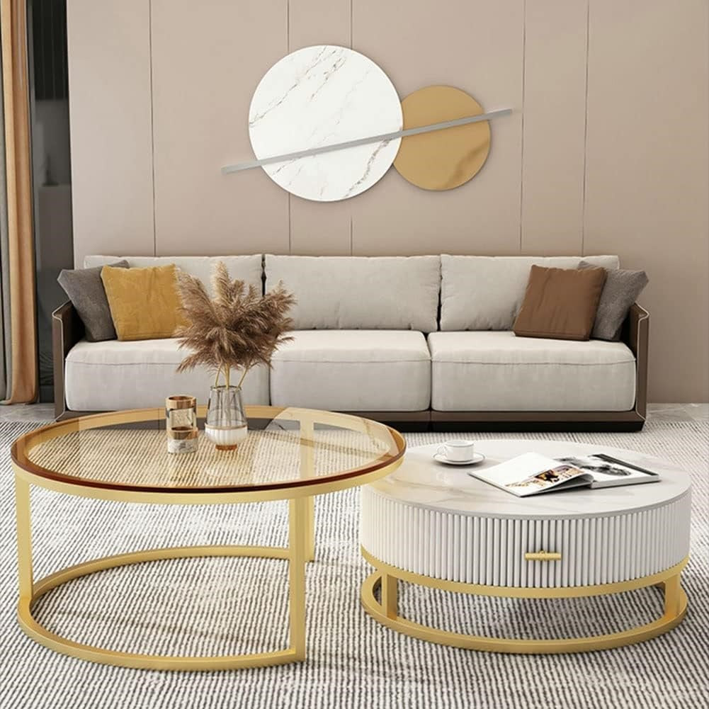 Glass & Marble Nesting Tables - Textured Fluted Storage with Gold Frame