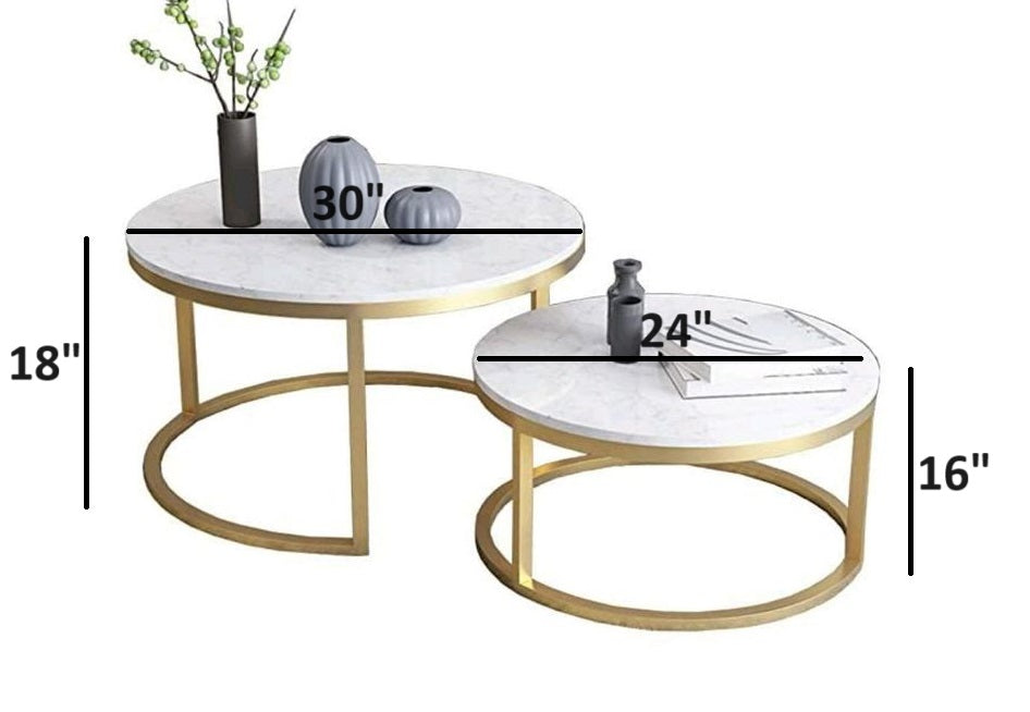 White Round Nesting Tables - Brushed Gold Half-Moon Base