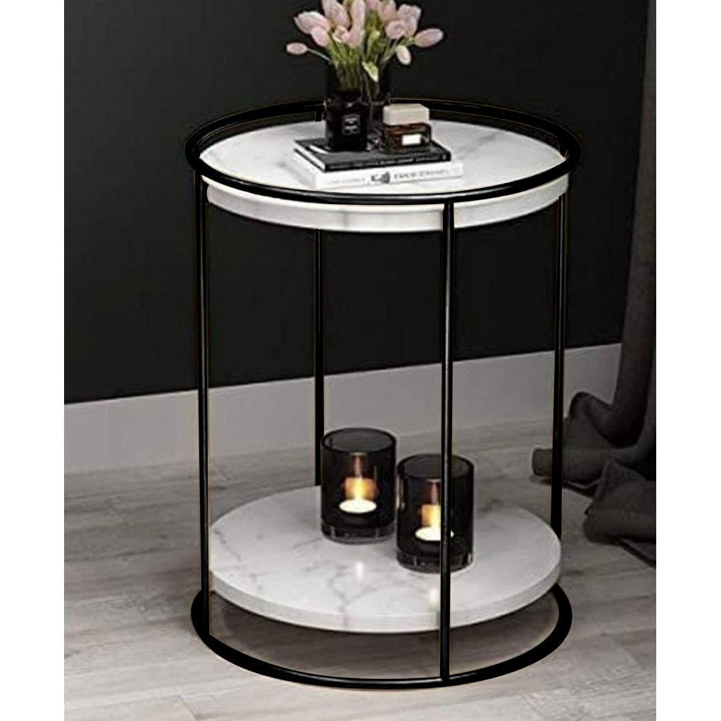 2-Tier Round Tray Side Table with Black Frame