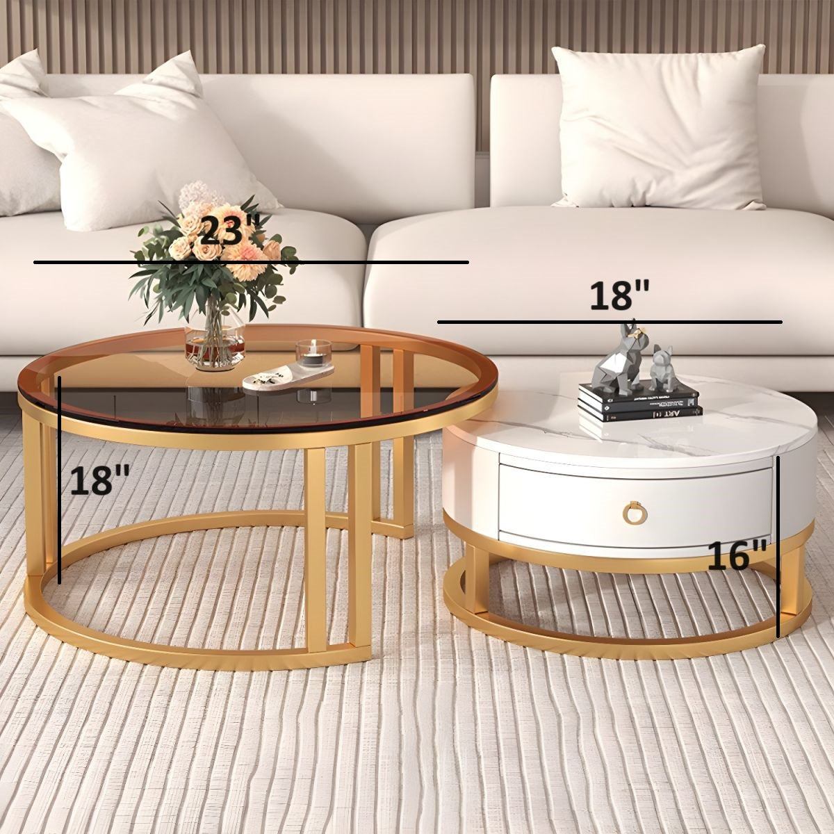 The Luxe Contrast - Smoked Glass Nesting Tables with Hidden Drawer & Gold Frame