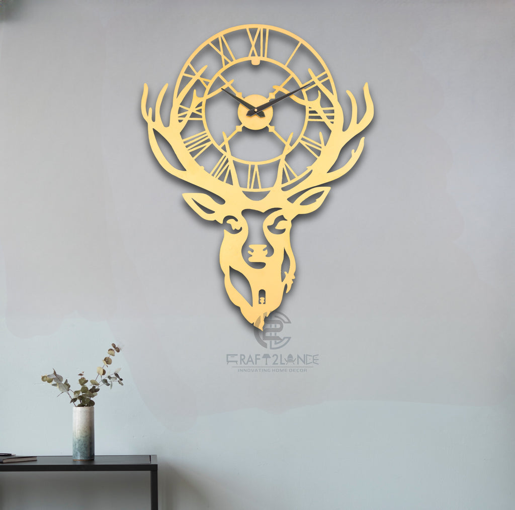 Golden Stag Elegance Wall Clock - Luxury Deer Antler Design